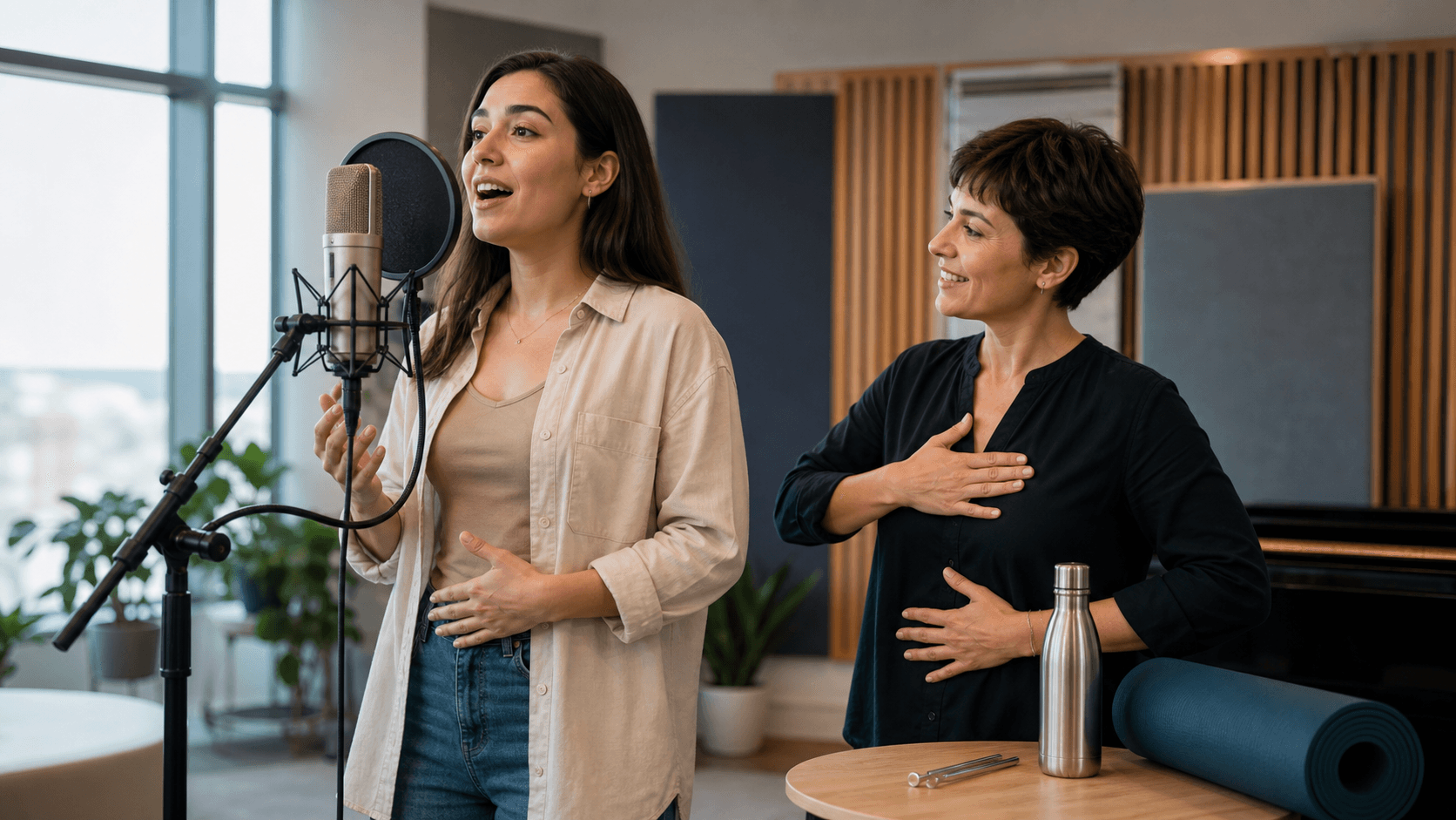 Warm-lit studio scene with a singer at a microphone and a coach nearby, soft earth tones and calm decor.