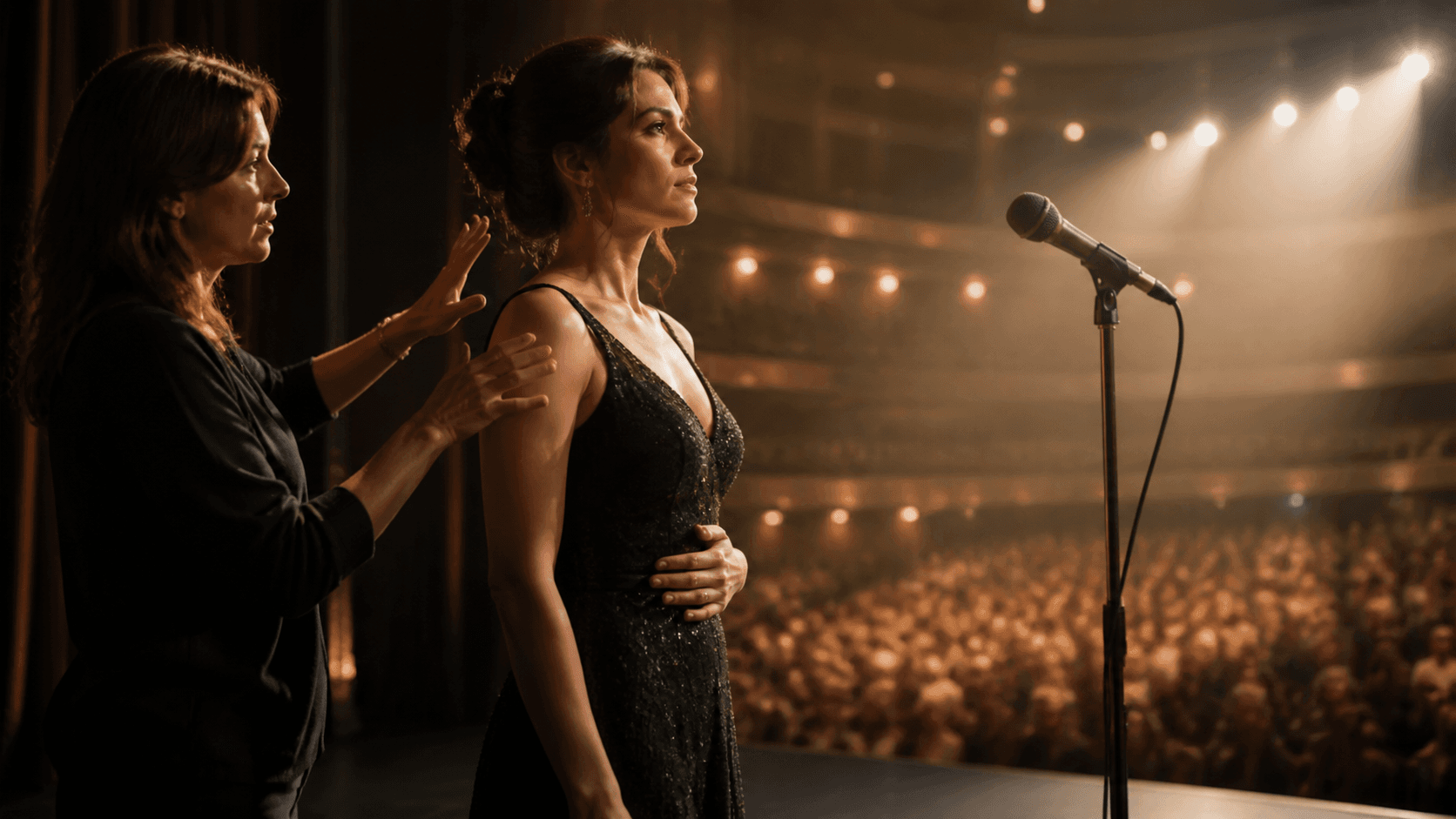 Singer under blue stage lights pauses with hands on chest beside a microphone, against a dark concert backdrop