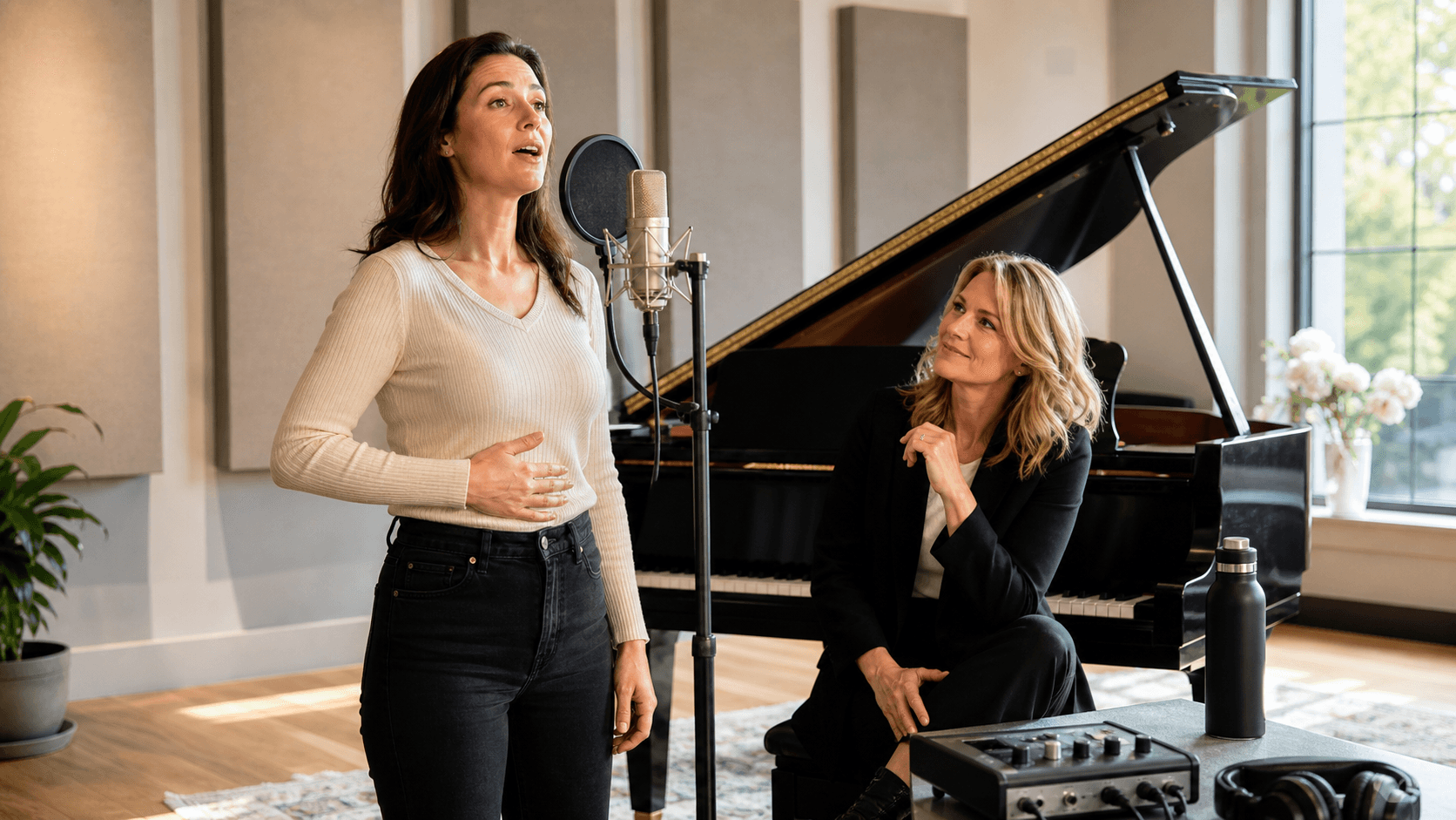 Adult singer practices beside a piano in a warmly lit studio with soft blue and gold accents.